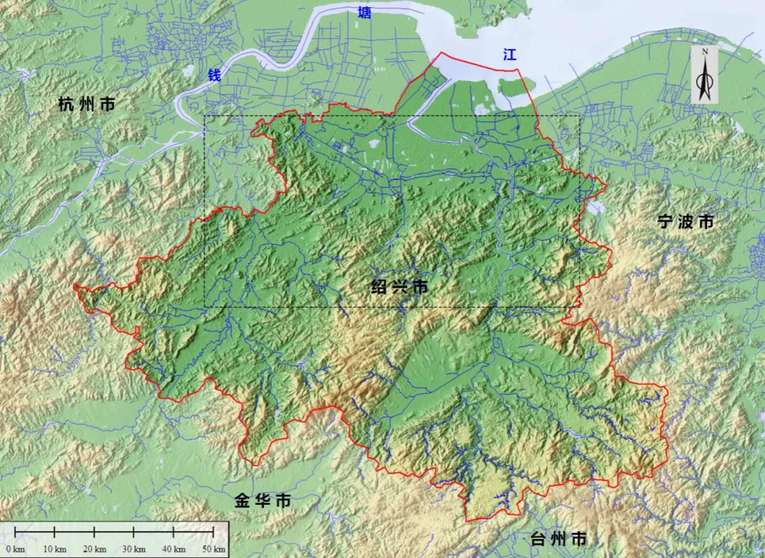 智慧博物馆， 图一 绍兴地区地形图，图中虚线框为工作区